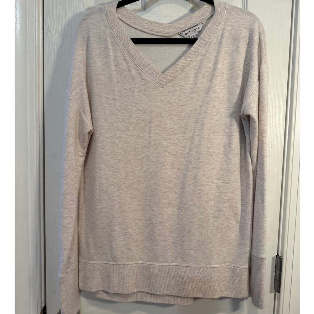 Athleta Coaster Luxe V-neck Sweatshirt Oatmeal Heather Soft Pullover Petite. S